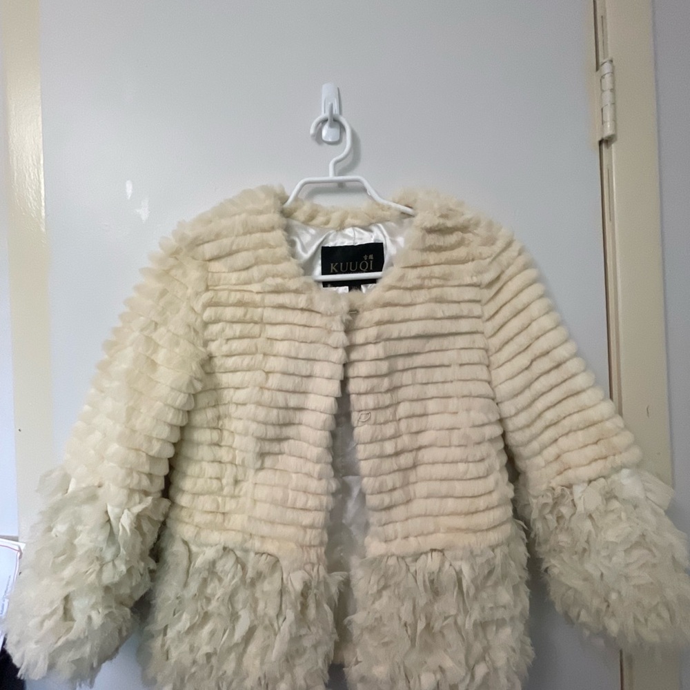 Cream Faux-Fur Pea Coat for Kids